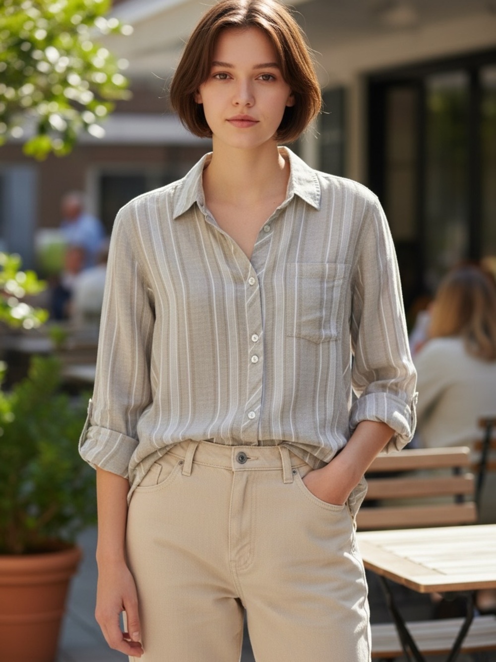 Susan Graver Linen Boyfriend Tan and Cream Striped Button Down Shirt